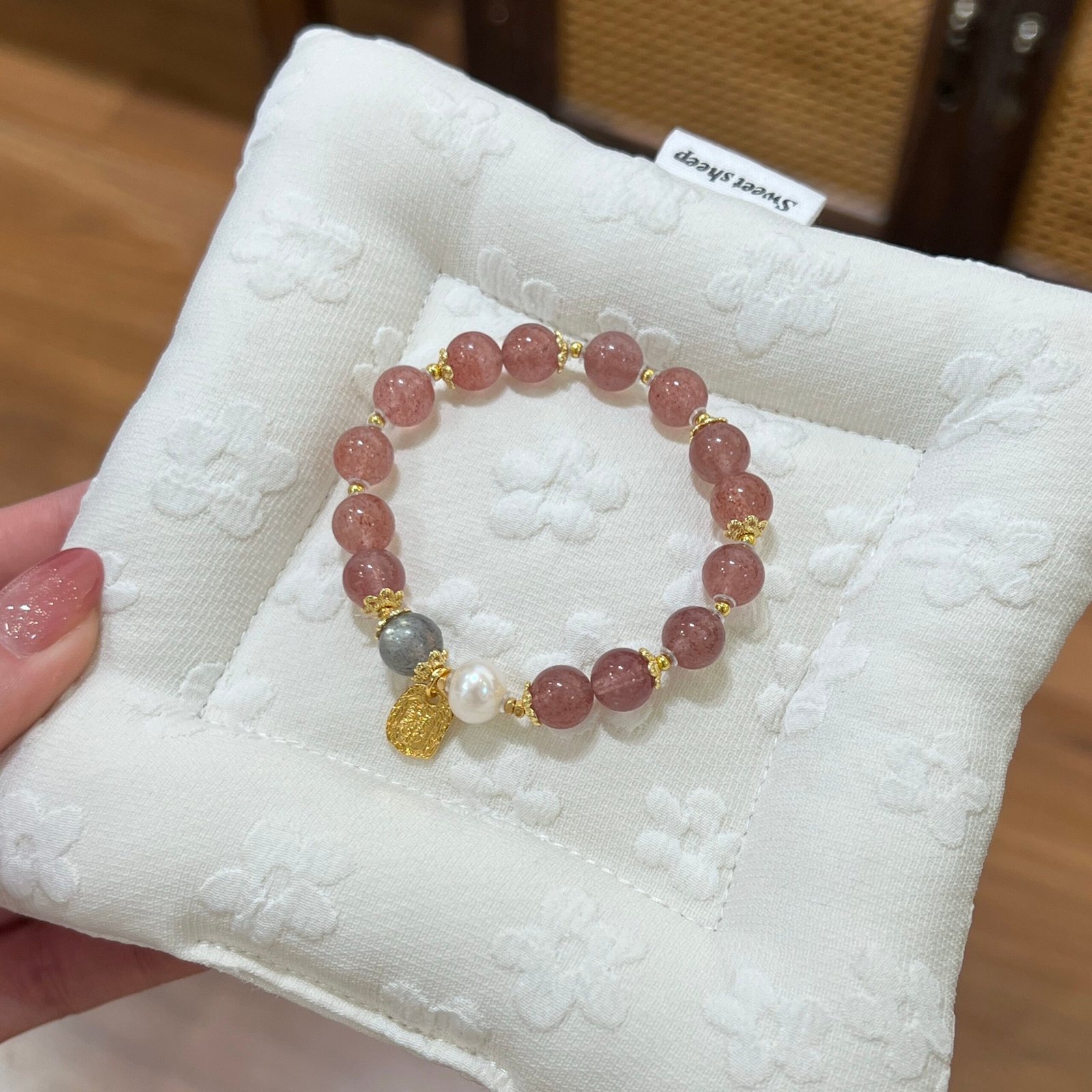 0_HDSavePhotos 34 "The Divine Guardian" – Strawberry Quartz, Grey Moonstone & Pearl Bracelet with Sacred Zaki Lhamo Talisman - 画像 (1)