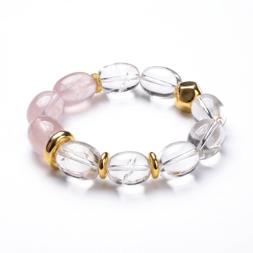 Generated Image March 17, 2026 - 9_38AM "Ethereal Glow" – Natural Madagascar Rose Quartz & Clear Quartz 12mm Healing Bracelet (18K Gold Plated Accents) - Image 1