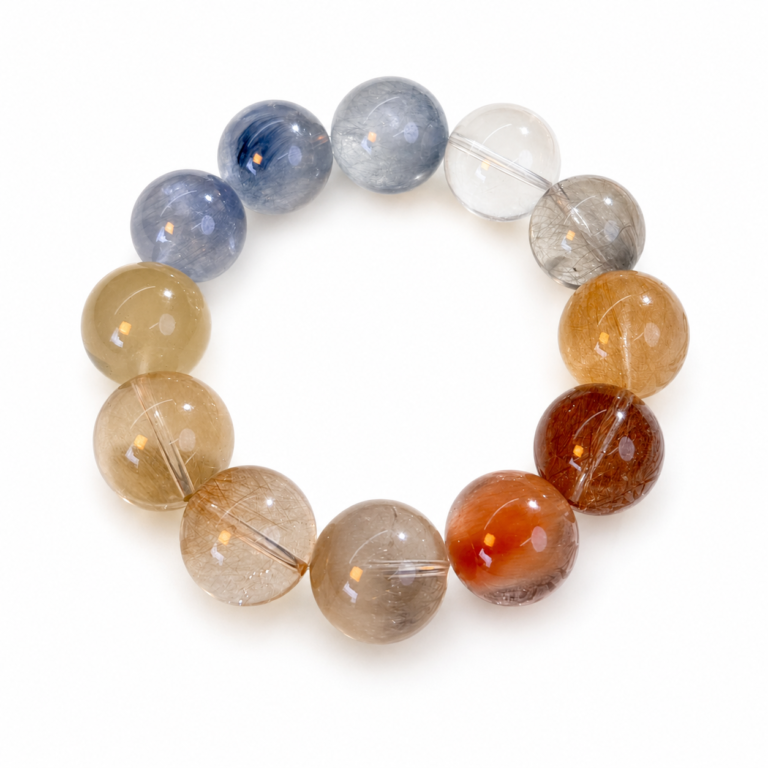 One-of-a-Kind Multi-Colored Rabbit Hair Quartz Bracelet (17mm) on white background