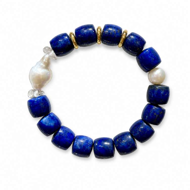 Blue Poise - Lapis Lazuli & Baroque Pearl Bracelet on white background