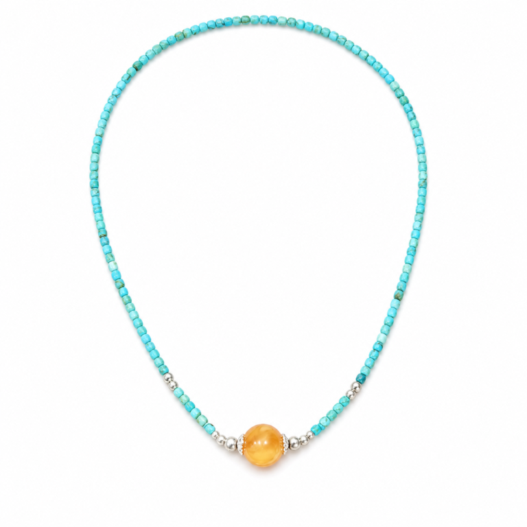 Warm Horizon - One-of-a-Kind Turquoise & Amber Necklace on white background