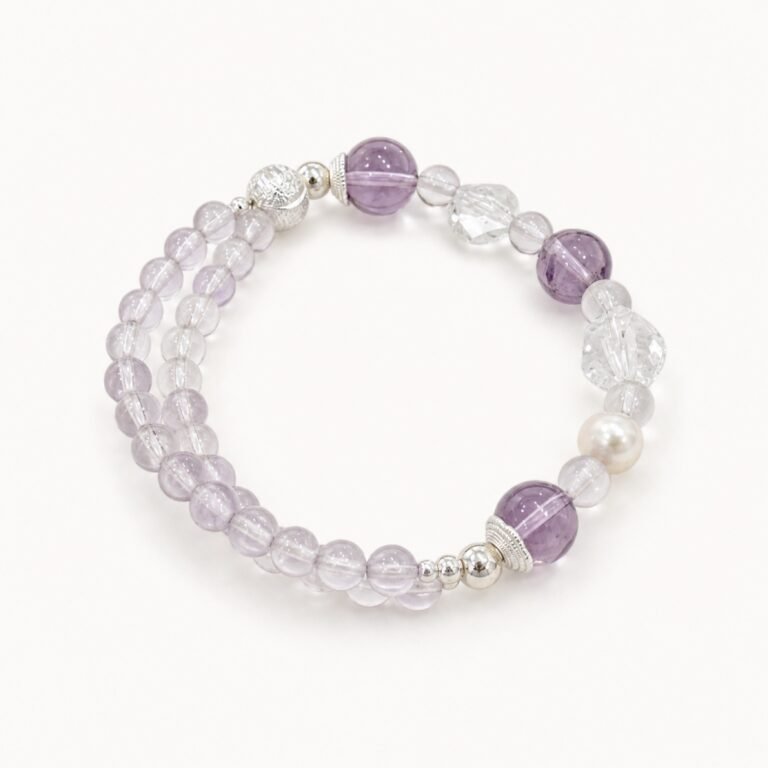 Lavender Light - Amethyst, Pearl & Clear Quartz Double-Wrap Bracelet on white background