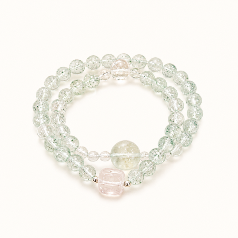 Verdant Harmony - Green Strawberry Quartz & Fluorite Bracelet on white background