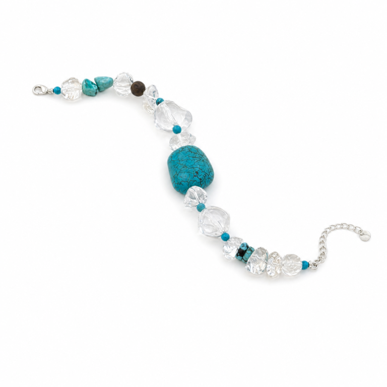 Sky & Stillness - Turquoise, Clear Quartz & Agarwood Adjustable Bracelet on white background